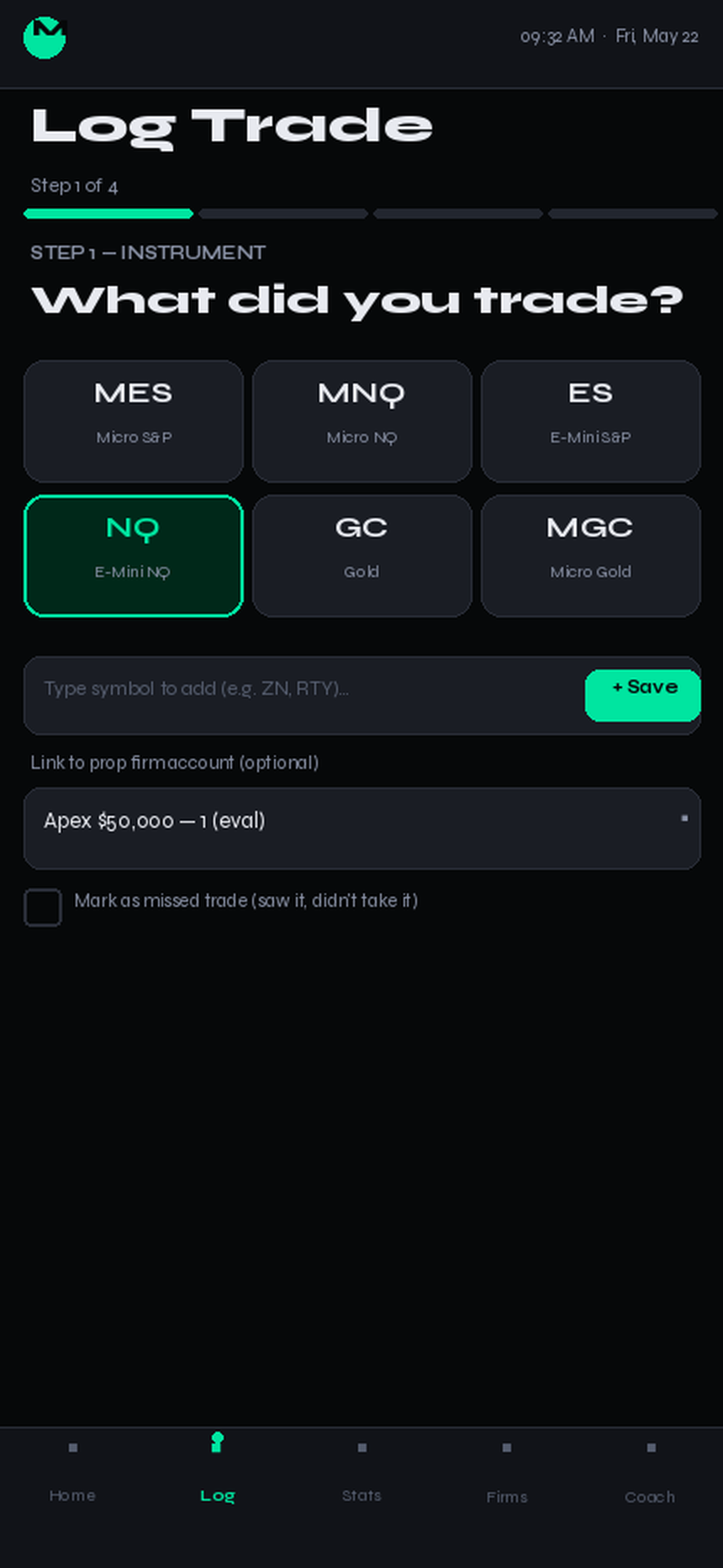 MarketCorrector trade log step 1 — instrument picker